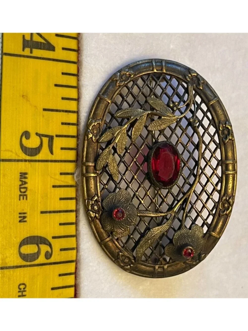 Antique Art Nouveau Brass Sash Brooch With Floral & Leaf Motif Ruby Red Glass St
